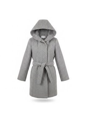 Calvin Klein Womens Gray Hooded Belted Coat Wool Blend Sz XL